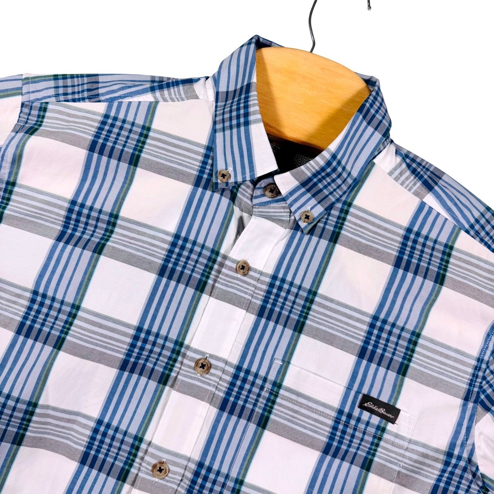 Eddie Bauer Mens Plaid Short Sleeve Button Up Shirt Classic Fit Blue Green White